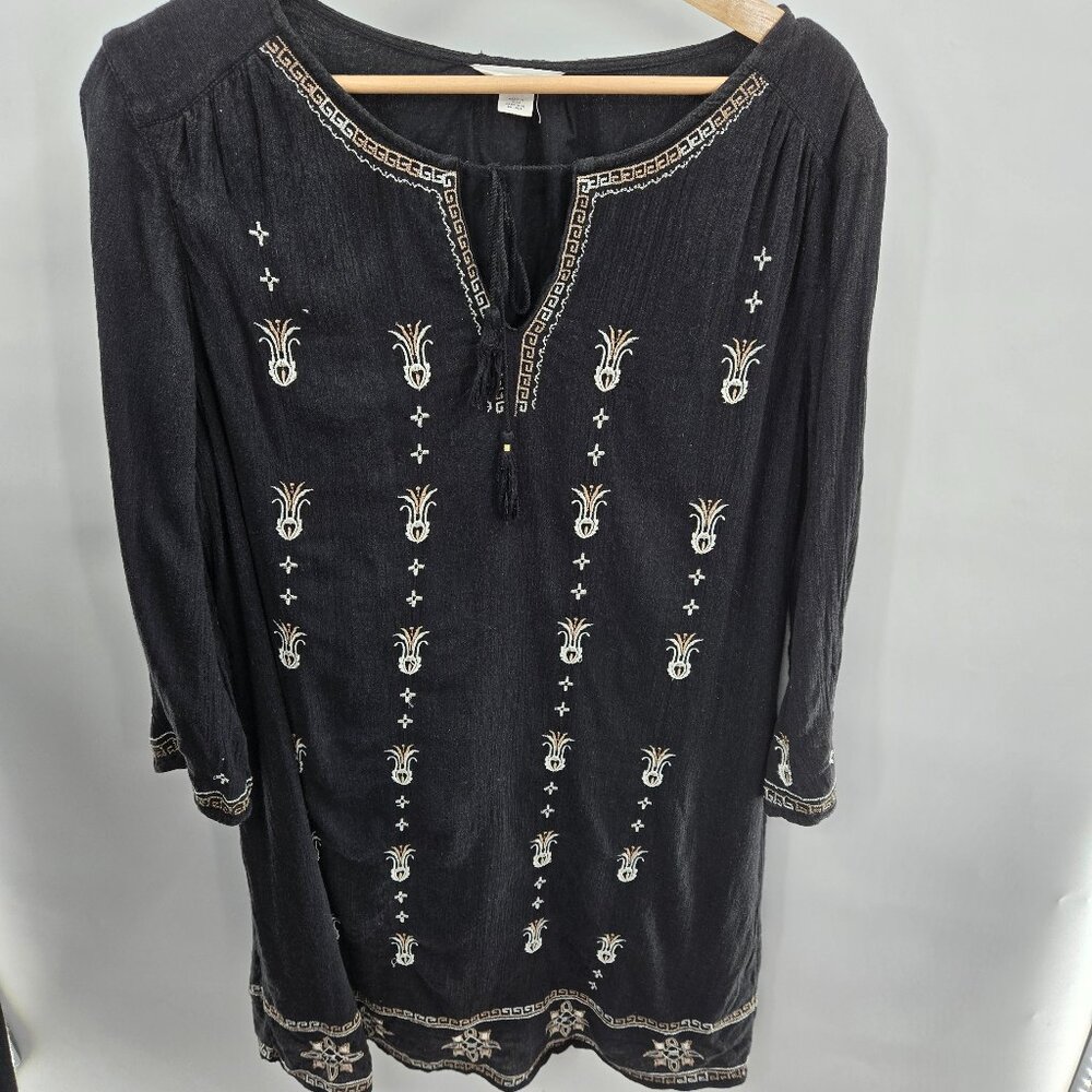 Caslon Black Embroidered Boho Peasant Tassels Tunic Midi Dress Large